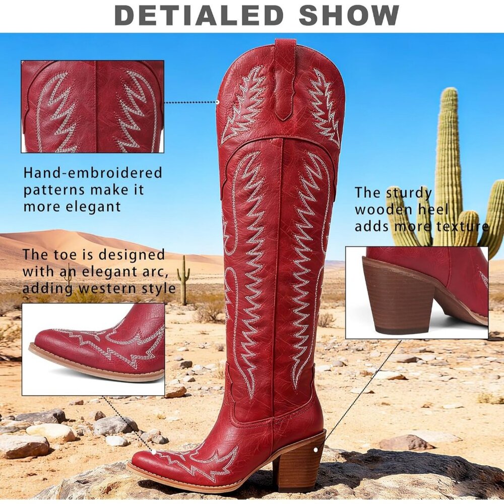 Women Over The Knee Western Boots Classic Embroidered Chunky Heel Slip On Red - Picture 4 of 6